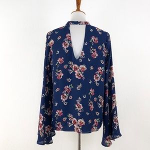 Free Press Navy Lilly Floral Print Bell Sleeve Large